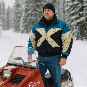 Vintage Polaris Men’s Large Snowmobile Jacket Teal Black White Nylon USA